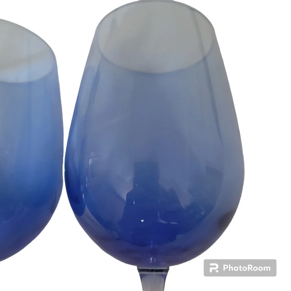 Set of Two Wine or Water Glasses Hand Blown 9 inches Tall Blue Tint